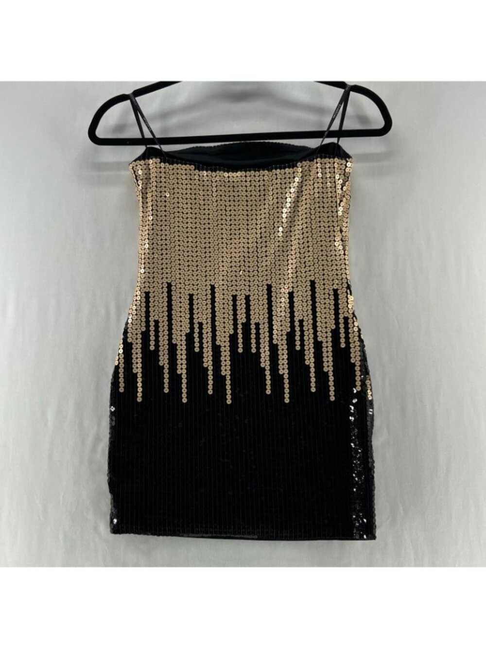 Bebe Strapless Sequin Ombre Mini Dress Womens 2XS Liquid Drip Bodycon Black Gold - Picture 2 of 12